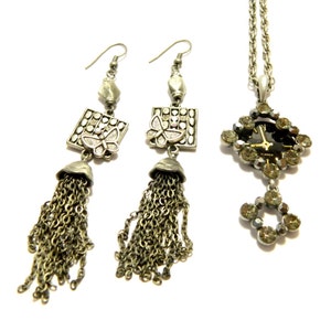 Butterflies steampunk old silver colored gift set necklace steam punk earrings &quot;Just time&quot; crystals, handmade decorated parure, old dial