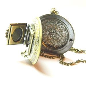 Steampunk medallion, wedding ring box, engagement picture keepsake pill book round locket Not stop time, 4 photos, honeymoon surprise gift