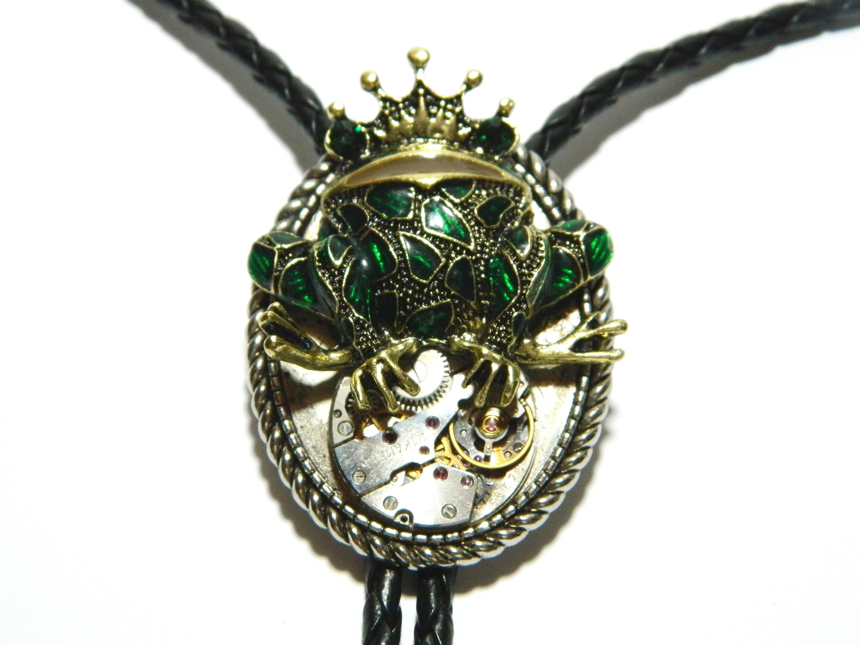King Frog Steampunk Bolo Tie, good luck green Jump Up, men fashion jewelry, unique birthday gift girl boy, woman, honeymoon surprise wedding