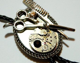 Corbata bolo steampunk para peluquero, regalo para peluquero, corte de pelo moderno, boda, cumpleaños de hombre, sorpresa de luna de miel, bolo de cordón, corbata de cordón