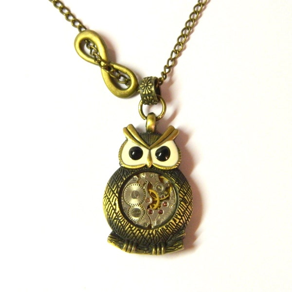 Collar de joyería Steampunk Owl & Time Infinity, búho de bronce antiguo, regalo de cumpleaños único, sorpresa de luna de miel, pequeño reloj mecánico antiguo