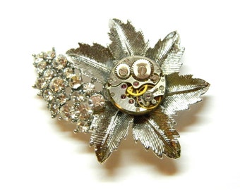 Flower of Time Steampunk wedding Boutonnière, silver brooch, lapel pin, stickpin hat, cravat, groom, unique birthday gift wife bolos conchos