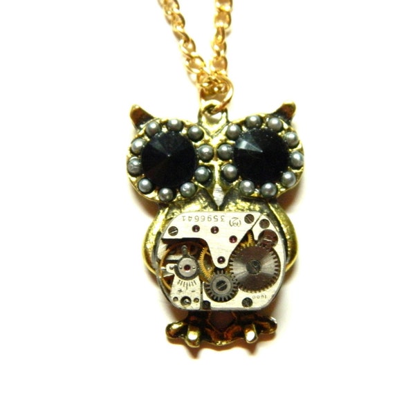 Steampunk petite Owl, Golden jewelry necklace bird with big black eyes, old little clockwork, surprise back to school gift child, girl, boy