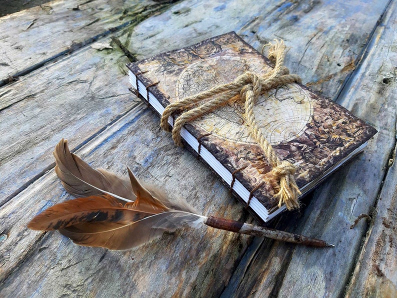 Diary of old sea captain pirate planner, elegant book adventures, feather pen, pirate travel journal, notebook gift, recycled paper, coptic RUSH BOOK+PEN