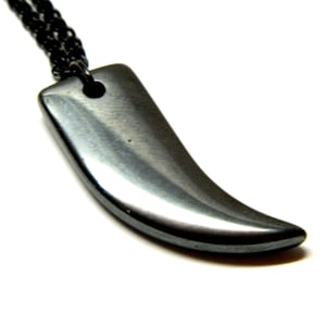 May include: A polished, dark gray pendant shaped like a tooth, suspended from a black chain. The pendant has a smooth, reflective surface and a curved design. The necklace is set against a white background.