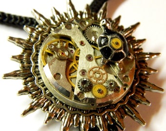 Steampunk Bolo Tie Solar Turtle, steam punk black Tortoise jewelry men's fashion gift, big clockwork, pendants, honeymoon surprise, birthday