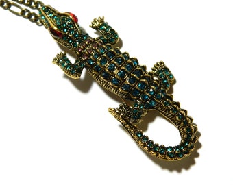 Große goldgrüne Krokodil-Brosche-Halskette, 2-in-1, einzigartiges Geburtstags-Flitterwochen-Überraschungsgeschenk, Männer-Frauen-Ehemann-Freund, Erfolgs-Glücksrate