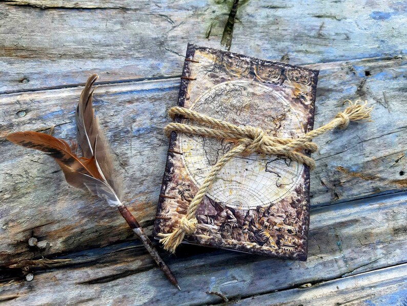 Diary of old sea captain pirate planner, elegant book adventures, feather pen, pirate travel journal, notebook gift, recycled paper, coptic With feather pen