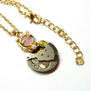 Golden tiny Cat, surprise for little girl, cute miniature kitty pink quartz, Steampunk jewelry pendant, steam punk, clockwork, birthday gift