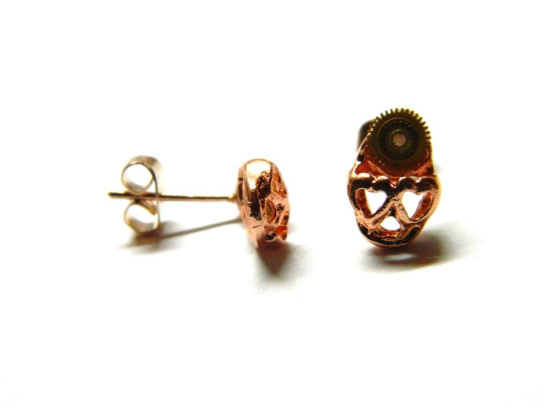 miniature skulls clock parts small honeymoon surprise rose golden unique birthday gift Gothic jewelry steam punk earrings Homo Steampunk