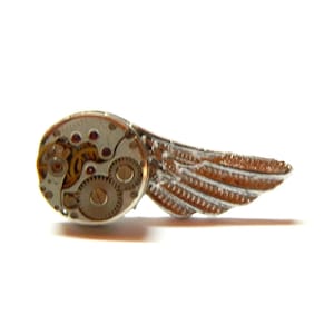 Steampunk Angel wings of time silver brooch, lapel pins, collar chains, hat, cravat, groom, unique birthday gift, man, wife, daughter sister