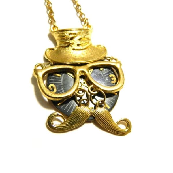 Moustache Steampunk M. Tic Tac, cadeau d'anniversaire unique, collier bijoux dorés, cadran d'horloge ancienne, surprise lune de miel miniature, lunettes, chapeau