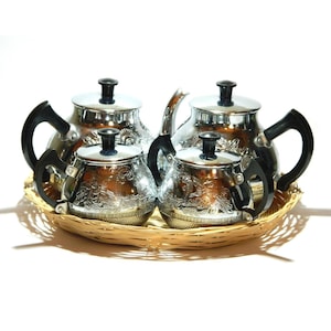 Vintage Tea & Coffee Set of 4 piece, 1960-70s metal jugs, 2 pots, 1 sugar, 1 creamer milk, unmarked UK brand Swan, children&#39;s tea party gift