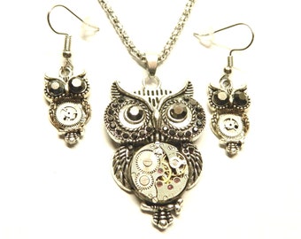 Steampunk family of black eyed owls, silver set necklace & earrings, old clockwork, wisdom, surprise steam punk jewelry gift for women, girl