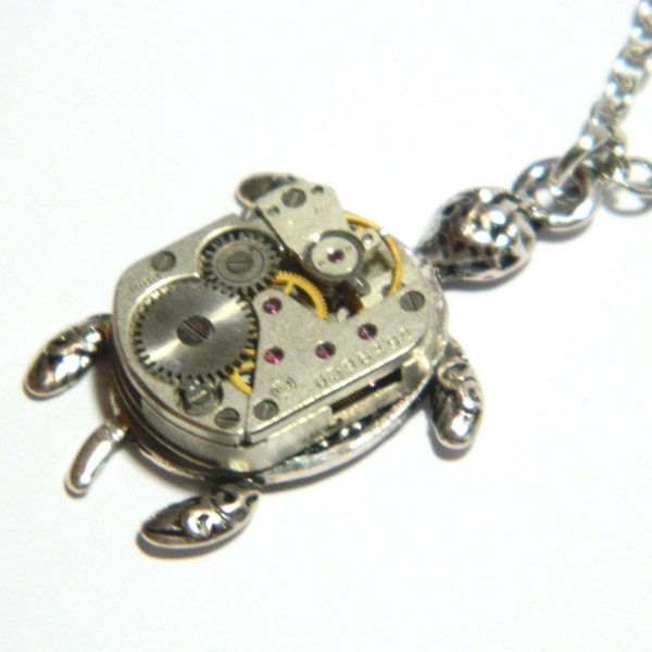 Steampunk tortoise jewelry necklace On the back of the turtle, silver colored synthetic rubies clockwork, steam punk gift honeymoon surprise