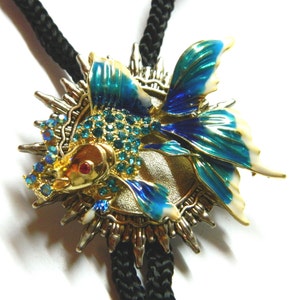 Blue fish Bolo Tie, Golden yellow bootlace tie bola, unique birthday gift, silver big fashion jewelry, groomsman wedding, honeymoon surprise