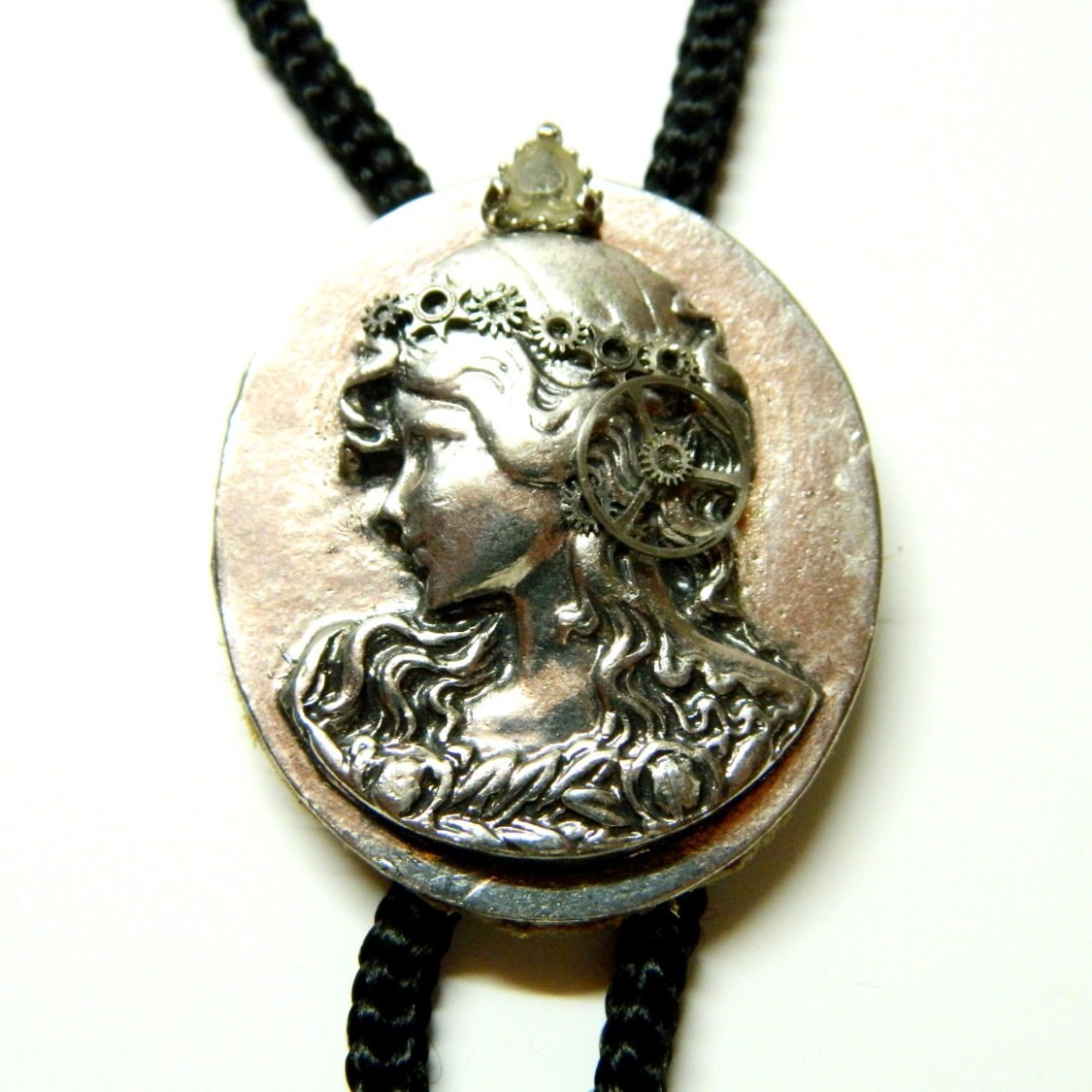 Iron Lady Сameo Bolo Tie, steampunk princess jewelry unique birthday gift, honeymoon surprise, silver metal, cord, steam punk for man, woman