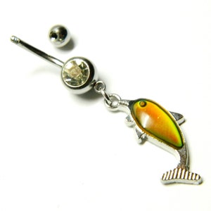 Belly button ring changing on temperature enamel silver fish, navel studs body jewelry, great birthday gift zodiac astrological sign Pisces