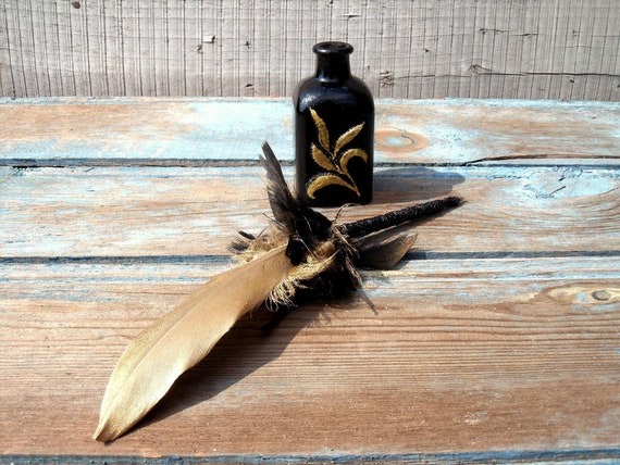 great engagement Wedding Gothic splendor gold black feather quill pen & ink pot halloween gift bachelorette party decor for guest book