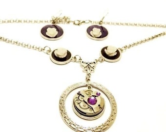 Silver colored Steampunk jewelry set necklace & earrings, Purple and Roses, old clockwork, resin peach flowers, enamel, unique gift surprise