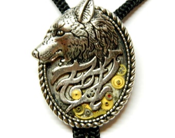 Steampunk Mechanic Wolf Big Bolo Tie, Dog copper gold, silver, bronze unique mens jewelry, honeymoon surprise gift wedding fashion woman boy