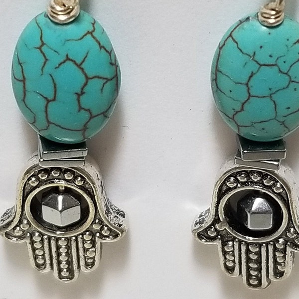 Semi-Precious Turquoise and Hematite Hamsa Earrings Designer Jewelry Intentional Earrings Zodiac Sagittarius Pisces Aquarius Jewelry