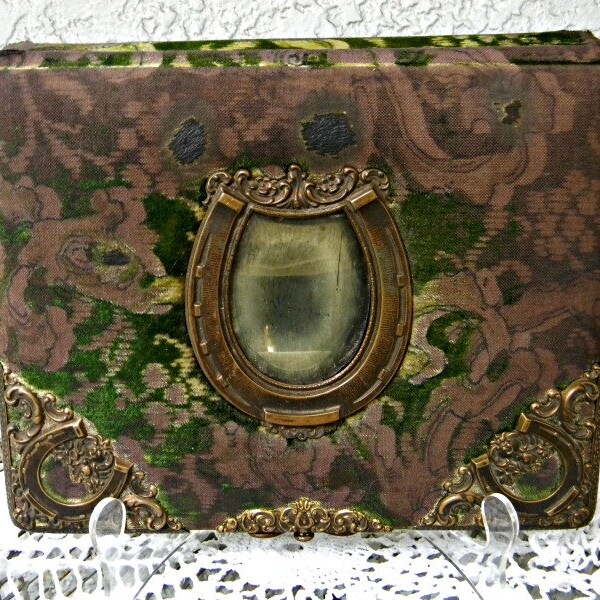 Antique Victorian Horseshoe Photo Album Scrapbook 1800s  Ornate Design Lucky Horse Shoe Mirror Front Velvet