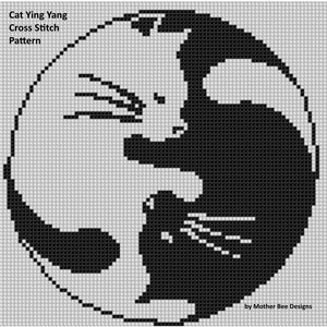 May include: Black and white cross stitch pattern of two cats forming a yin yang symbol. The pattern is titled "Cat Ying Yang Cross Stitch Pattern" and is by Mother Bee Designs.
