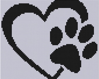 May include: Black and white cross-stitch design of a paw print inside a heart.