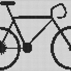 May include: A black and white pixel art depiction of a bicycle. The image shows a bicycle with two wheels, a saddle, handlebars, and pedals. The design is simple and graphic, ideal for crafts and creative projects.