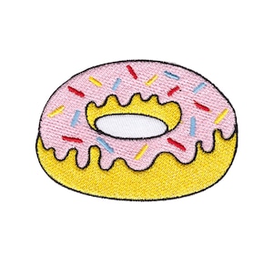 May include: A pink and yellow embroidered donut with colorful sprinkles.