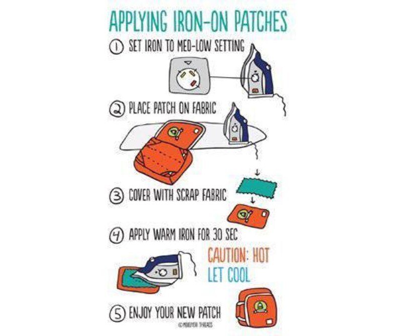 May include: A step-by-step guide on how to apply iron-on patches. The guide includes five steps with illustrations of an iron and a patch being ironed onto fabric. The text reads: "Applying Iron-On Patches", "Set iron to med-low setting", "Place patch on fabric", "Cover with scrap fabric", "Apply warm iron for 30 sec", "Caution: Hot", "Let cool", "Enjoy your new patch".