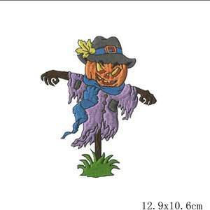 Op de afbeelding: Een Halloween-thema vogelverschrikker met een pompoenkop, paarse en blauwe kleding en een zwarte hoed met een geel blad. De vogelverschrikker staat op een groene grasveld.