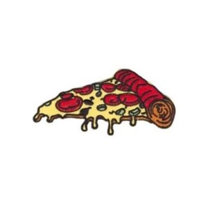 May include: A cartoon illustration of a slice of pizza with pepperoni, cheese, and green onions. The pizza is dripping with cheese and has a slightly melted look.