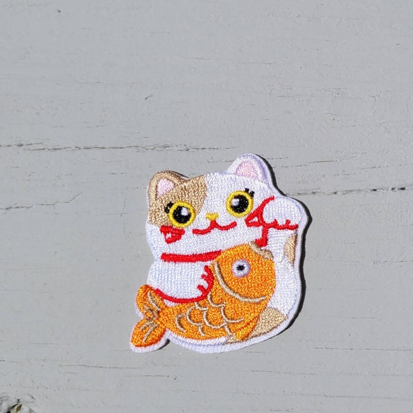 Lucky Cat with Koi Fish Iron On Patch