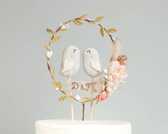 Personalized Love Birds with Golden Hoop Wreath - Cute Gold Cake Hoop with Birds - Unique Wedding Cake Topper For Gold, Rustic, Wedding