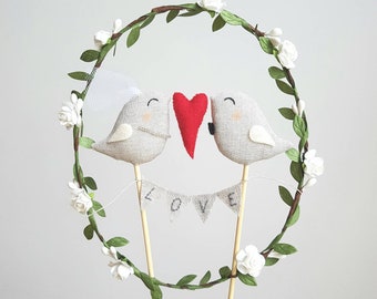 Full of Love Bride and Groom Birds Wedding Cake Topper - Wedding Birds Cake Topper With Garland Love - Birds Cake Topper with Wreath