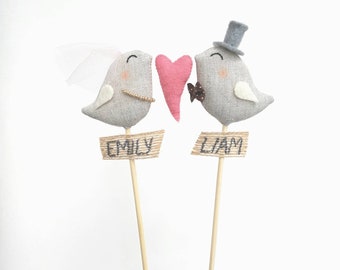 Personalized Wedding Cake Topper - Embroidered Birds, Mr & Mrs