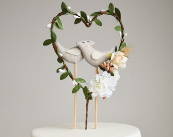 Love Birds Wedding Cake Topper With Wire Heart - Wedding Birds Cake Topper - Artificial Greenery Cake Decor - Floral Wreath Cake Topper