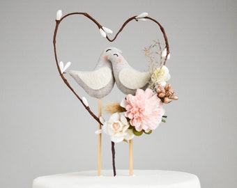 Floral Wire Heart Wedding Cake Topper - Love Birds, Paper Flowers