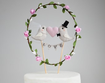 Love Birds Wedding Cake Topper: Linen Bride and Groom with Garland