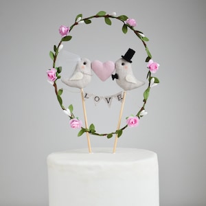Love Birds Wedding Cake Topper Bride and Groom Birds Cake Topper Love garland with birds, pink heart and greenery wreath light pink flowers