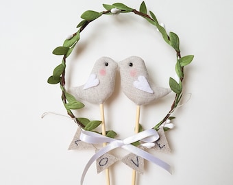 Wedding love birds cake topper with banner LOVE and green wreath