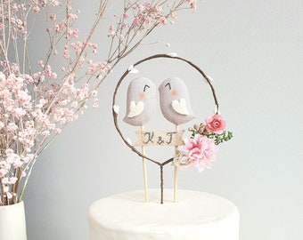 Personalized Love Birds Cake Topper - Floral Hoop, Rustic Wedding