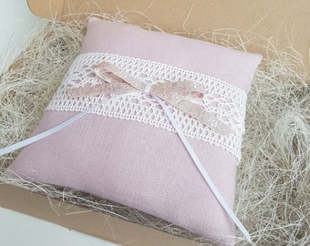 Lovely Pink Wedding Ring Pillow, sweet Unique Ring Pillow, Romantic Ring Cushion, Linen Ring bearer Pillow, Pink Ring Bearer