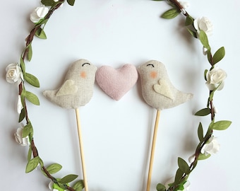 Love Birds Wedding Cake Topper - Hand-Sewn with Pink Heart
