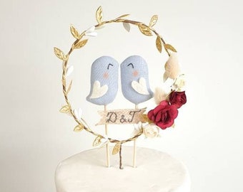 Personalized Love Birds Cake Topper - Golden Hoop Wreath, Linen, Embroidered