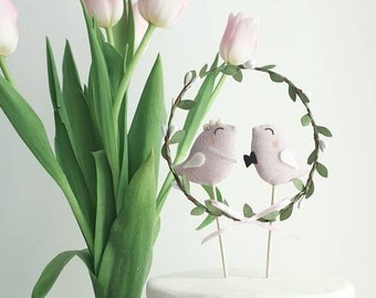 Dusty Rose Love Birds Wedding Cake Topper - Hand Sewn with Green Wreath