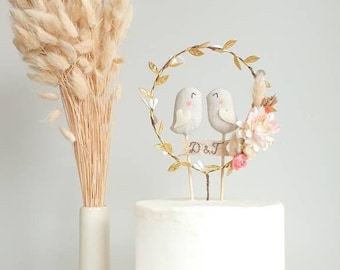 Personalized Love Birds Cake Topper – Golden Hoop Wreath, Rustic Wedding