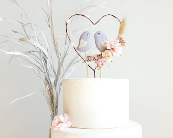 Personalized Love Birds Cake Topper and Wire Heart - Cute Birds Cake Decor With Wreath - Unique Wedding Cake Topper For Rustic, Gray Wedding